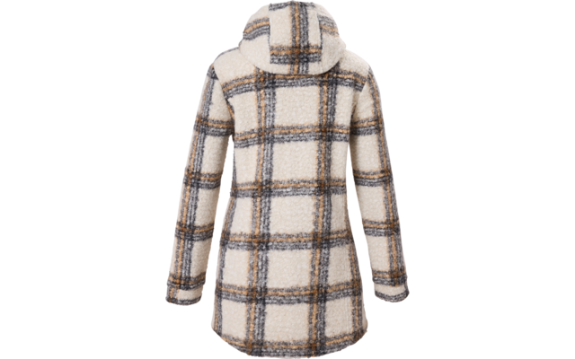 Rückansicht eines Kapuzenmantels aus Teddy-Fleece in Creme mit großem kariertem Muster in Grau und Senf, mittellang, lange Ärmel
