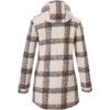 Rückansicht eines Kapuzenmantels aus Teddy-Fleece in Creme mit großem kariertem Muster in Grau und Senf, mittellang, lange Ärmel