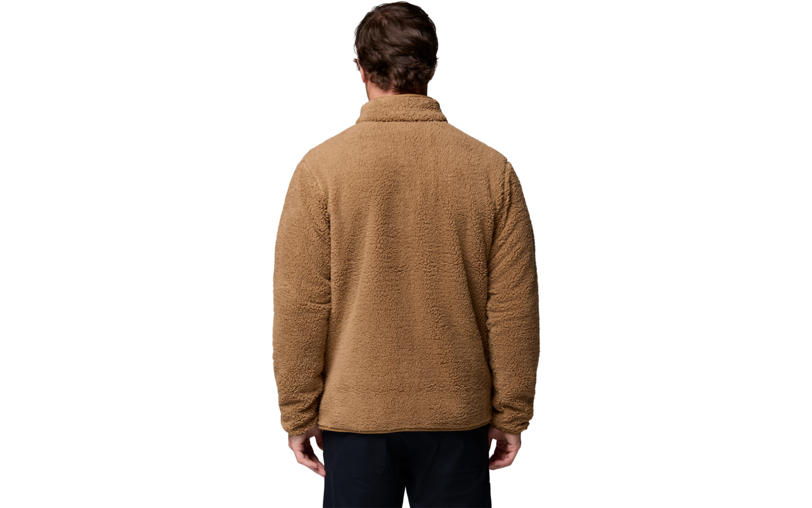 Person von hinten, trägt eine braune Jacke und eine Jeanshose
