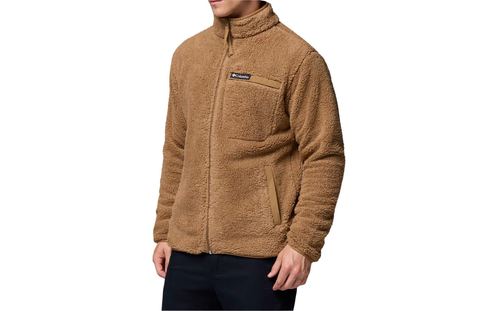 Mann trägt eine beige Fleecejacke mit Reißverschluss und Stehkragen