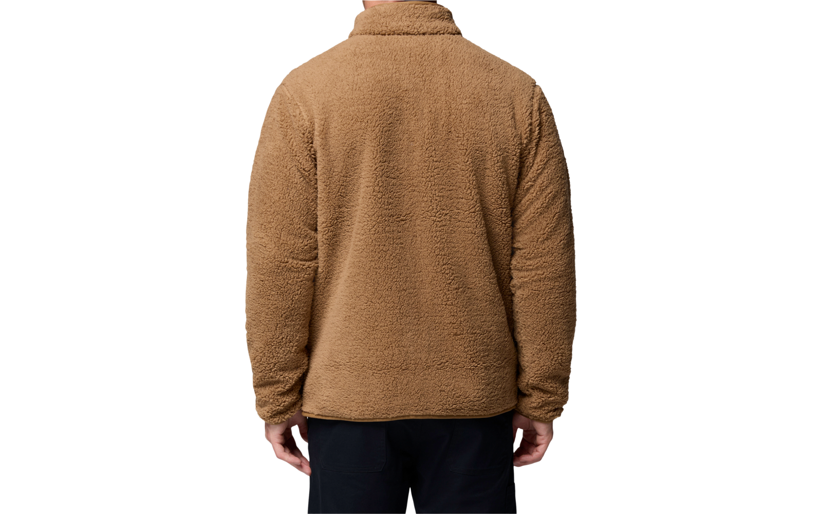 Person von hinten, trägt eine braune Jacke und eine Jeanshose