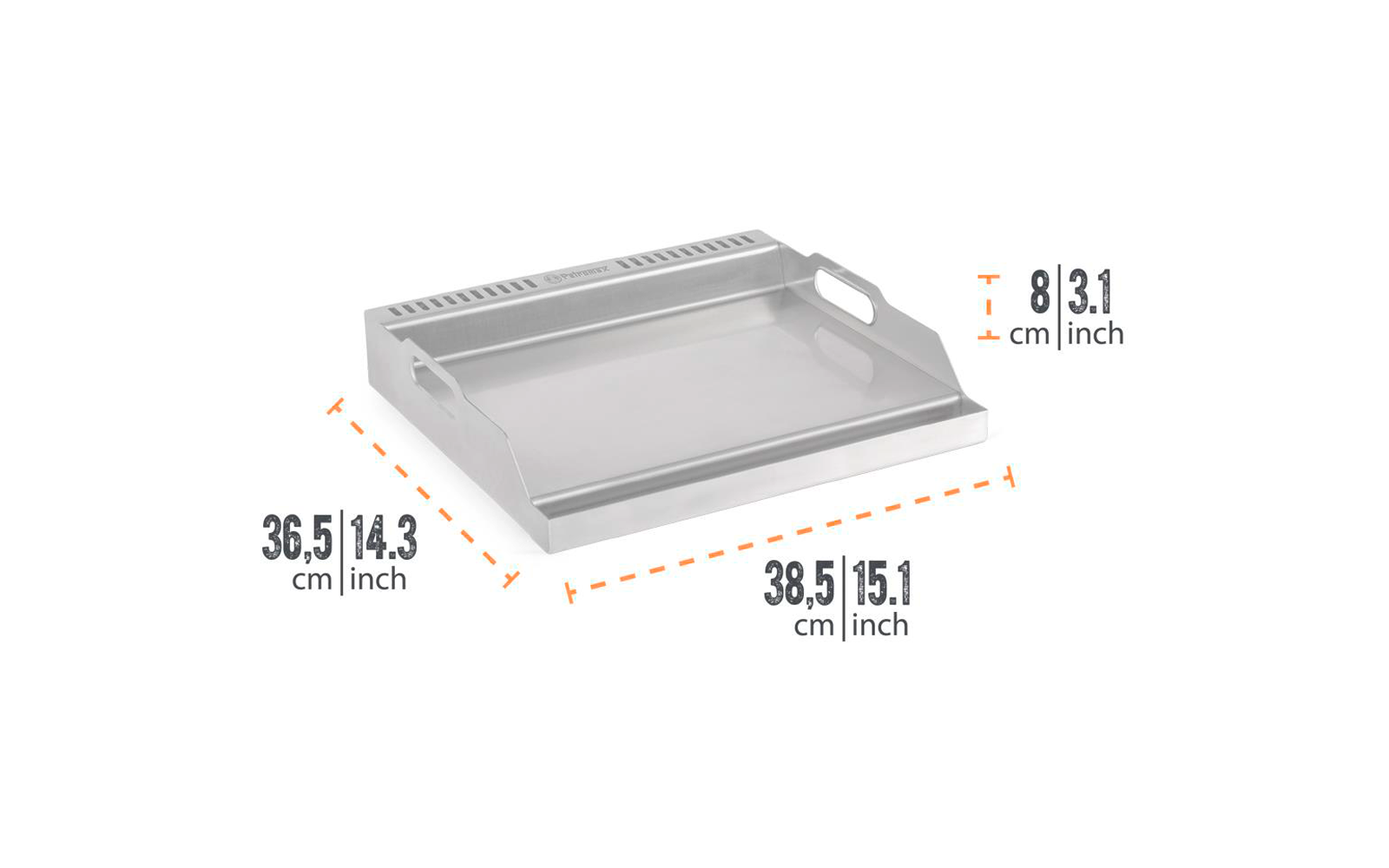 Rechteckiges Metallblech mit erhöhtem Rand und zwei seitlichen Griffen; orange gestrichelte Pfeile mit Maßen: links 36,5 cm / 14,3 inch, vorne 38,5 cm / 15,1 inch, oben rechts 8 cm / 3,1 inch