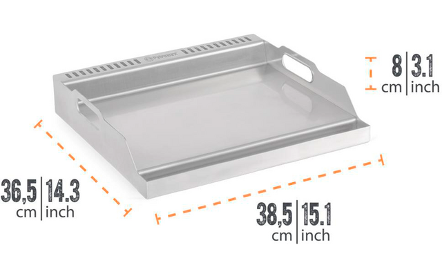 Rechteckiges Metallblech mit erhöhtem Rand und zwei seitlichen Griffen; orange gestrichelte Pfeile mit Maßen: links 36,5 cm / 14,3 inch, vorne 38,5 cm / 15,1 inch, oben rechts 8 cm / 3,1 inch