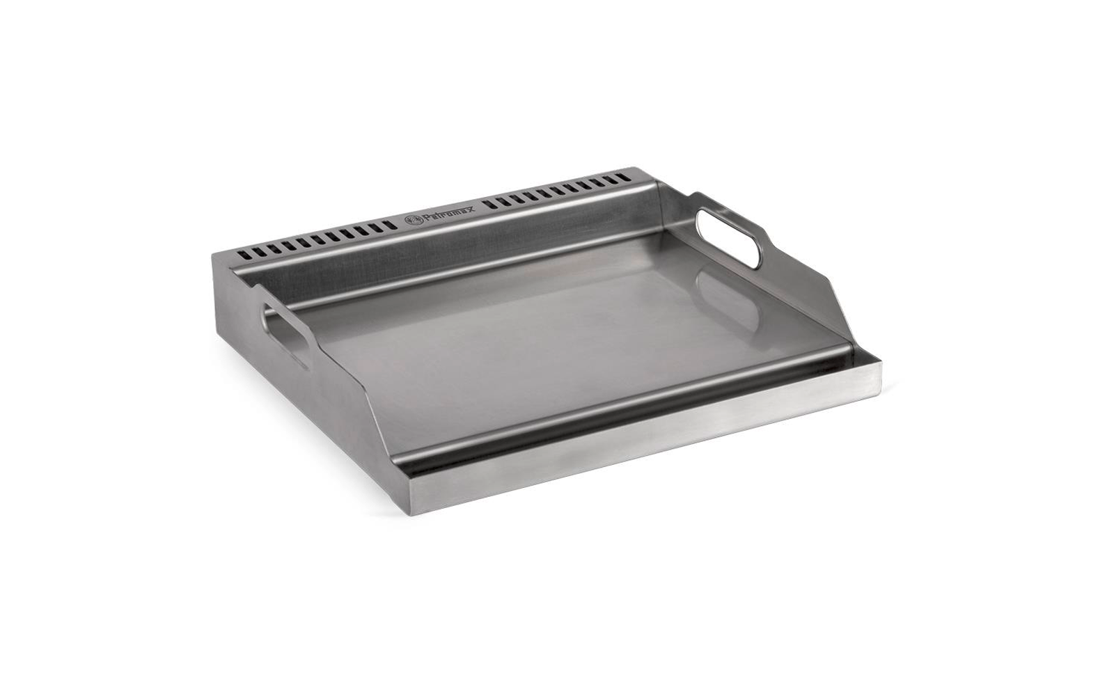 Rechteckige flache Edelstahlplatte mit erhöhtem hinteren Rand, niedrigerem vorderen Rand und zwei seitlichen Griffen