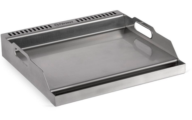 Rechteckige flache Edelstahlplatte mit erhöhtem hinteren Rand, niedrigerem vorderen Rand und zwei seitlichen Griffen