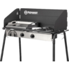 Réchaud/gril de camping noir avec pare-vent, façade en acier inoxydable, deux boutons de commande, plaque de cuisson à gauche, deux brûleurs ronds à droite, logo Petromax
