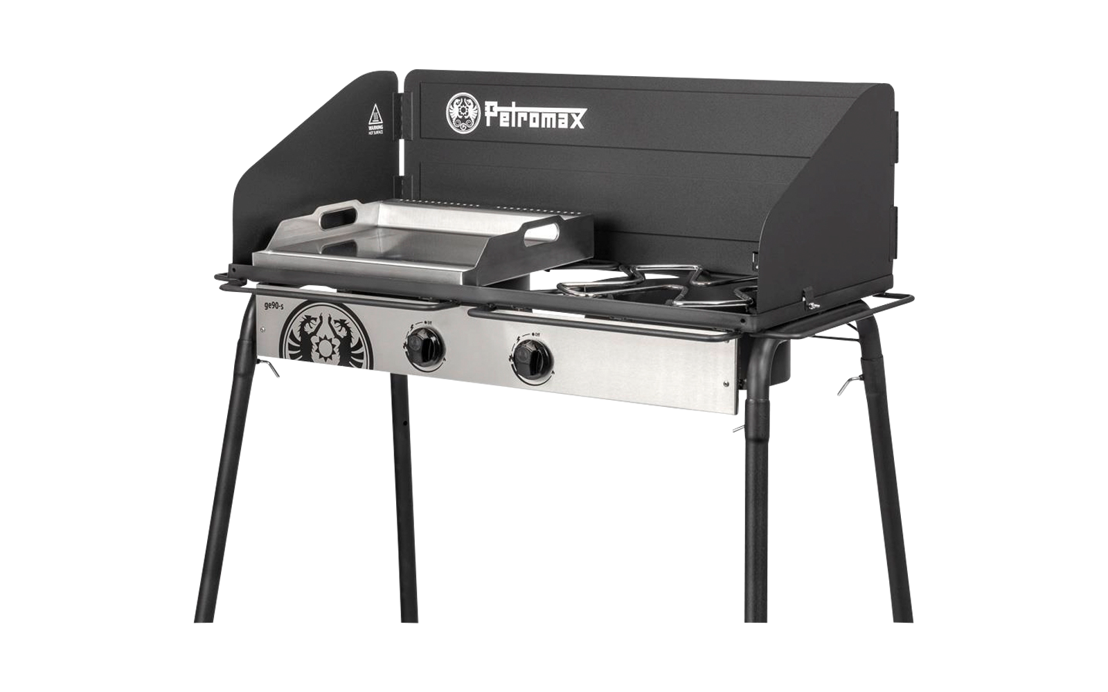 Réchaud/gril de camping noir avec pare-vent, façade en acier inoxydable, deux boutons de commande, plaque de cuisson à gauche, deux brûleurs ronds à droite, logo Petromax