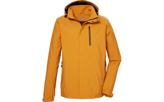 Giacca gialla con cappuccio, chiusura frontale completa, tasca pettorale verticale con cerniera e due tasche laterali con cerniera