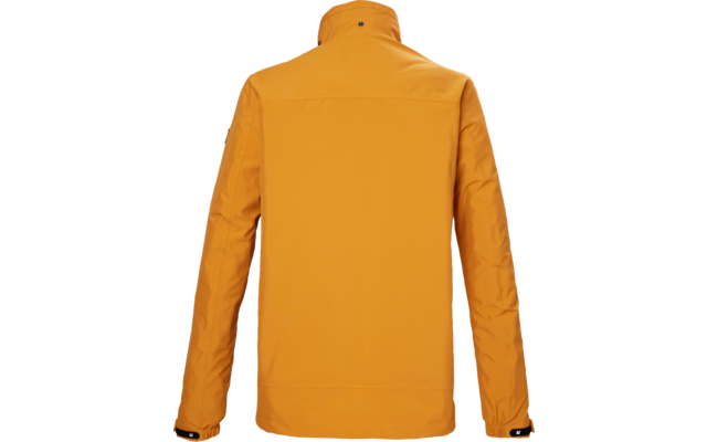 Vista posteriore di una giacca arancione con collo alto, maniche lunghe, cuciture visibili e bottoni a pressione neri ai polsini su sfondo bianco