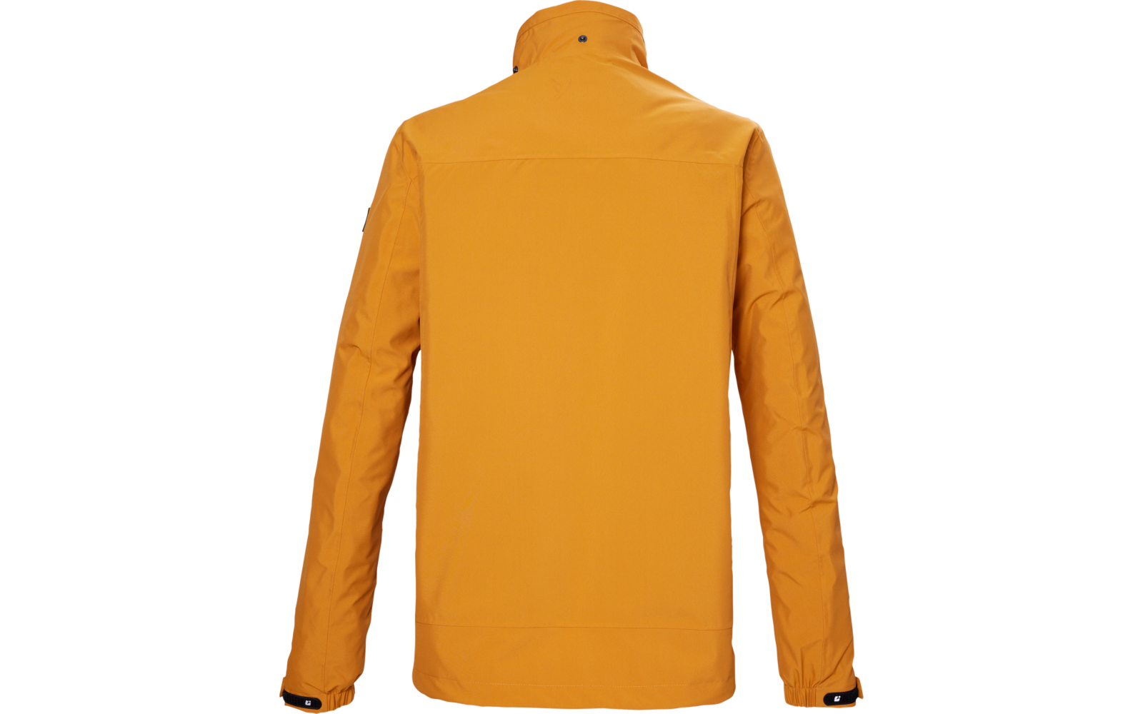 Vista posteriore di una giacca arancione con collo alto, maniche lunghe, cuciture visibili e bottoni a pressione neri ai polsini su sfondo bianco