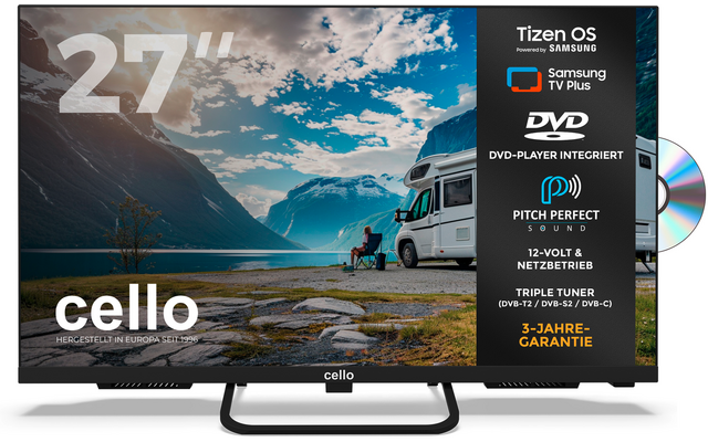 Platte televisie toont bergmeer en fjord, camper op de oever met één persoon erbij, grote tekst "27"' linkerboven, merknaam "cello" onderaan, rechter zwarte infokolom met pictogrammen en tekst en deels zichtbare dvd