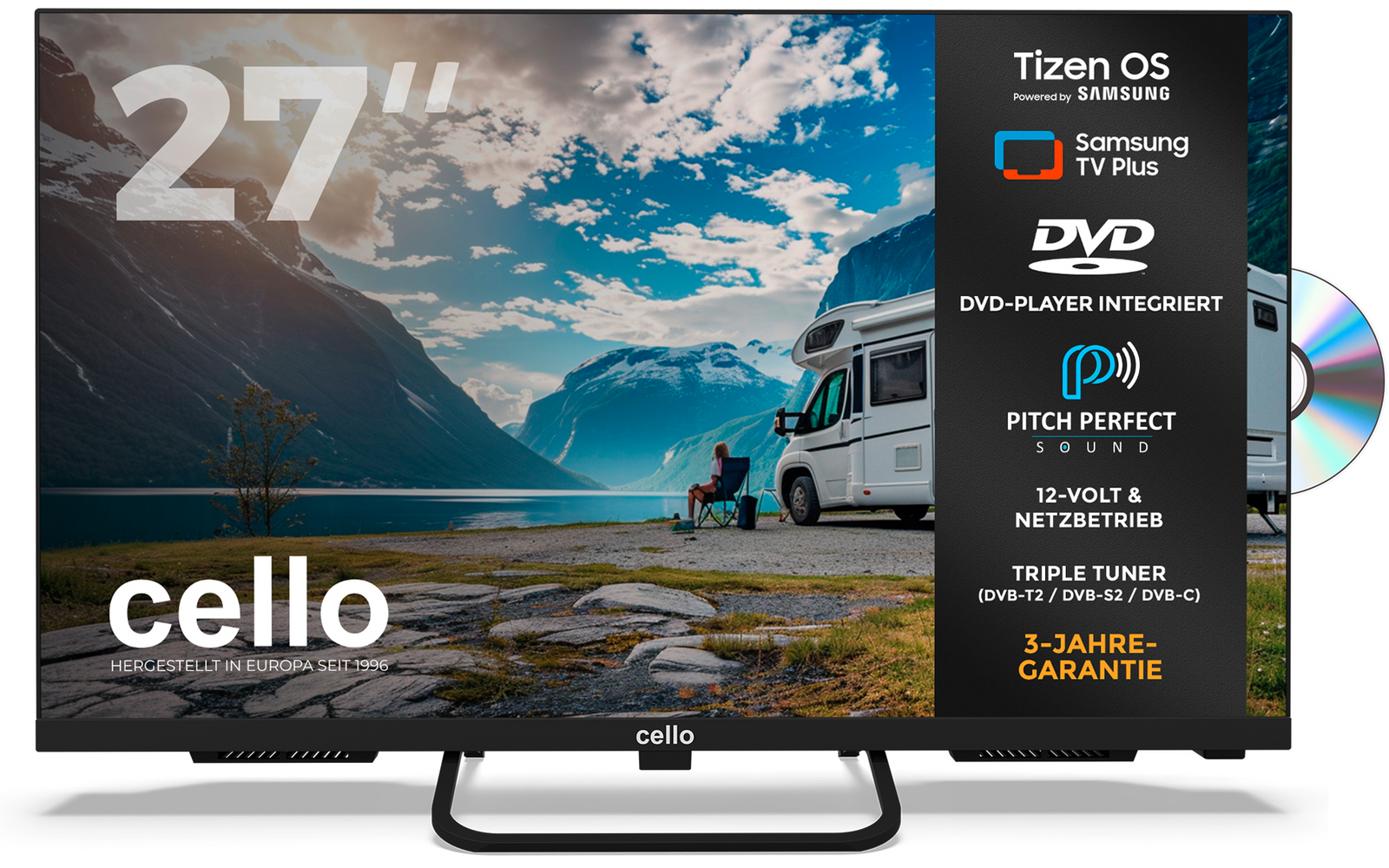 Platte televisie toont bergmeer en fjord, camper op de oever met één persoon erbij, grote tekst "27"' linkerboven, merknaam "cello" onderaan, rechter zwarte infokolom met pictogrammen en tekst en deels zichtbare dvd
