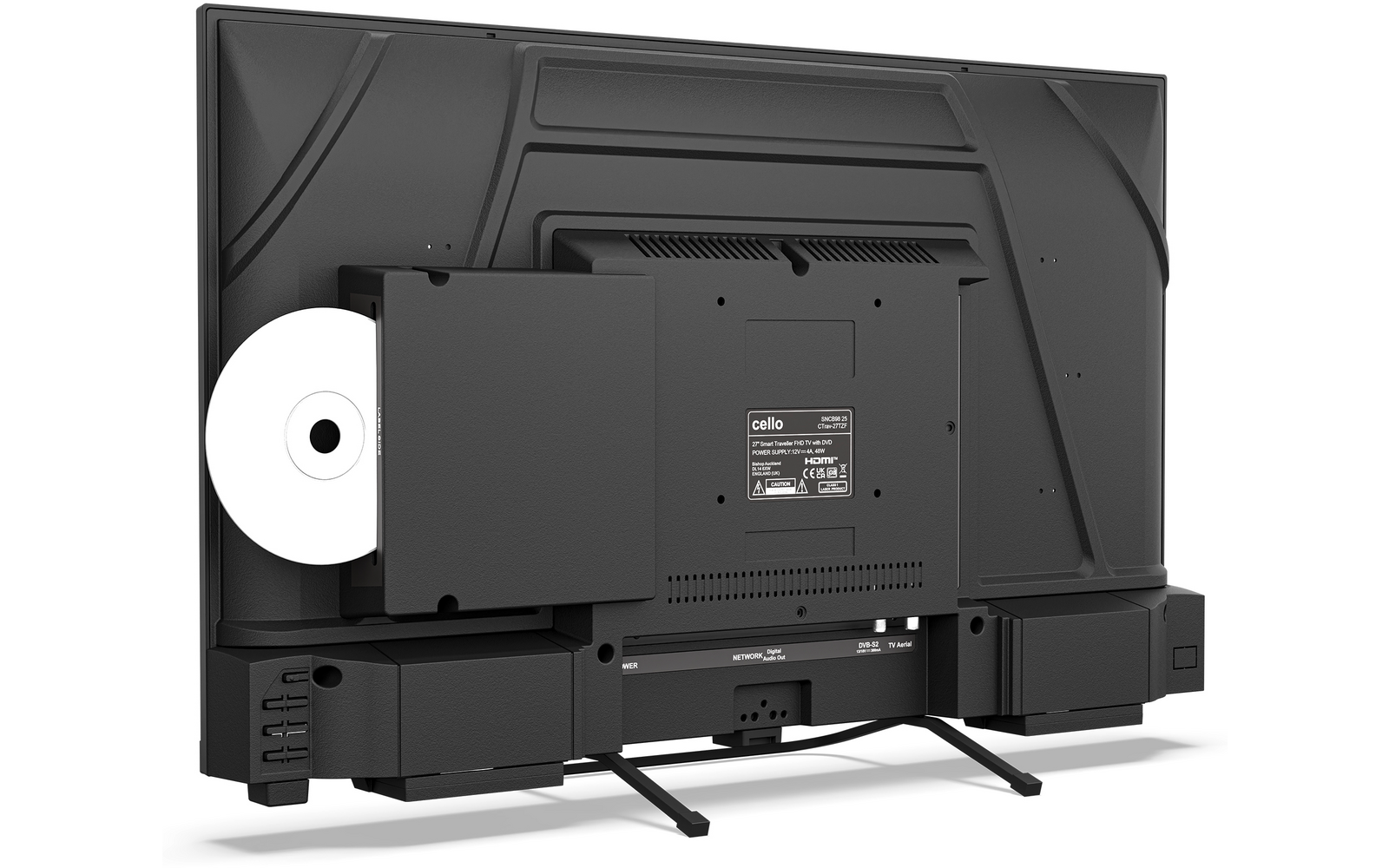 Achterzijde van een flatscreen op twee pootjes, links een bevestigd module met halfzichtbare witte cd, ventilatieopeningen en label