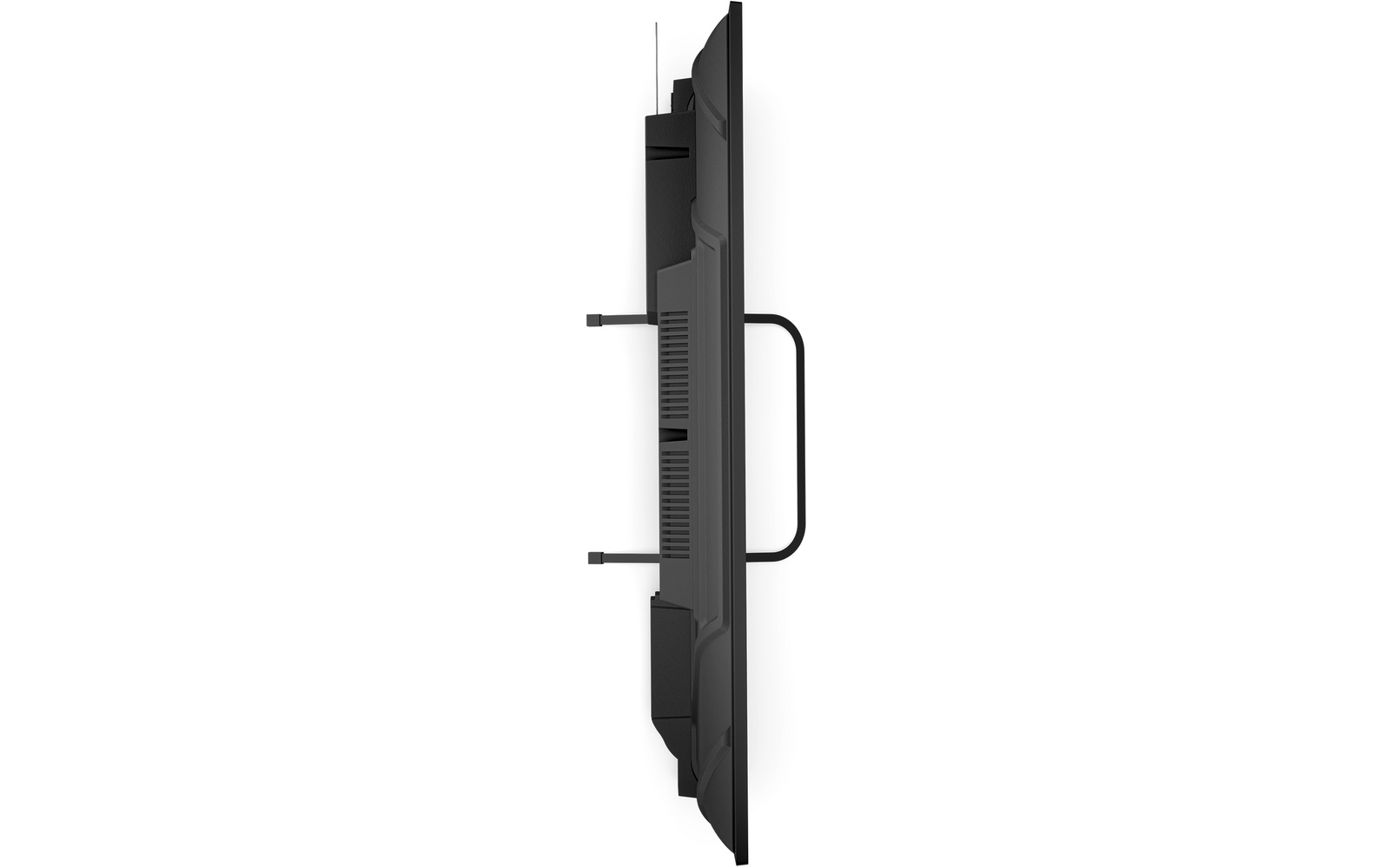 Zijaanzicht van een dun zwart flatscreen met ventilatiesleuven, aansluitgebied, twee uitstekende metalen pennen en een gebogen achterbeugel
