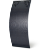 Curved dark blue solar panel with two coiled cables attached at the top edge against a white background