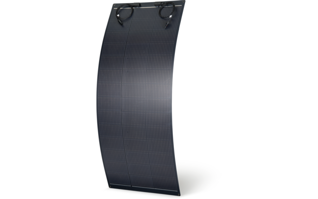 Curved dark blue solar panel with two coiled cables attached at the top edge against a white background