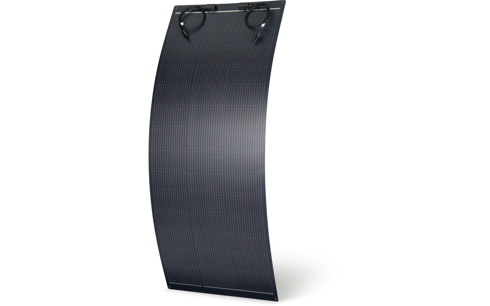 Curved dark blue solar panel with two coiled cables attached at the top edge against a white background