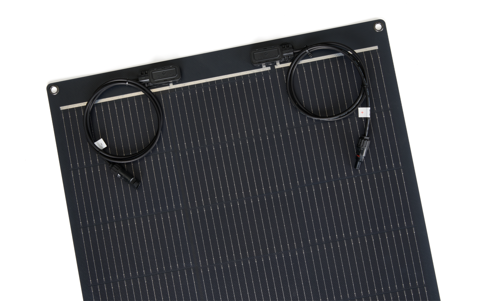 Dark rectangular panel with thin parallel light lines; at the top two coiled black cables attached to black junction boxes, cable ends with small white connectors