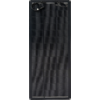 Black vertical rectangular panel with fine vertical lines, two cables with connectors at the top, and visible screws in the corners