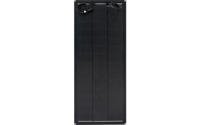 Black vertical rectangular panel with fine vertical lines, two cables with connectors at the top, and visible screws in the corners