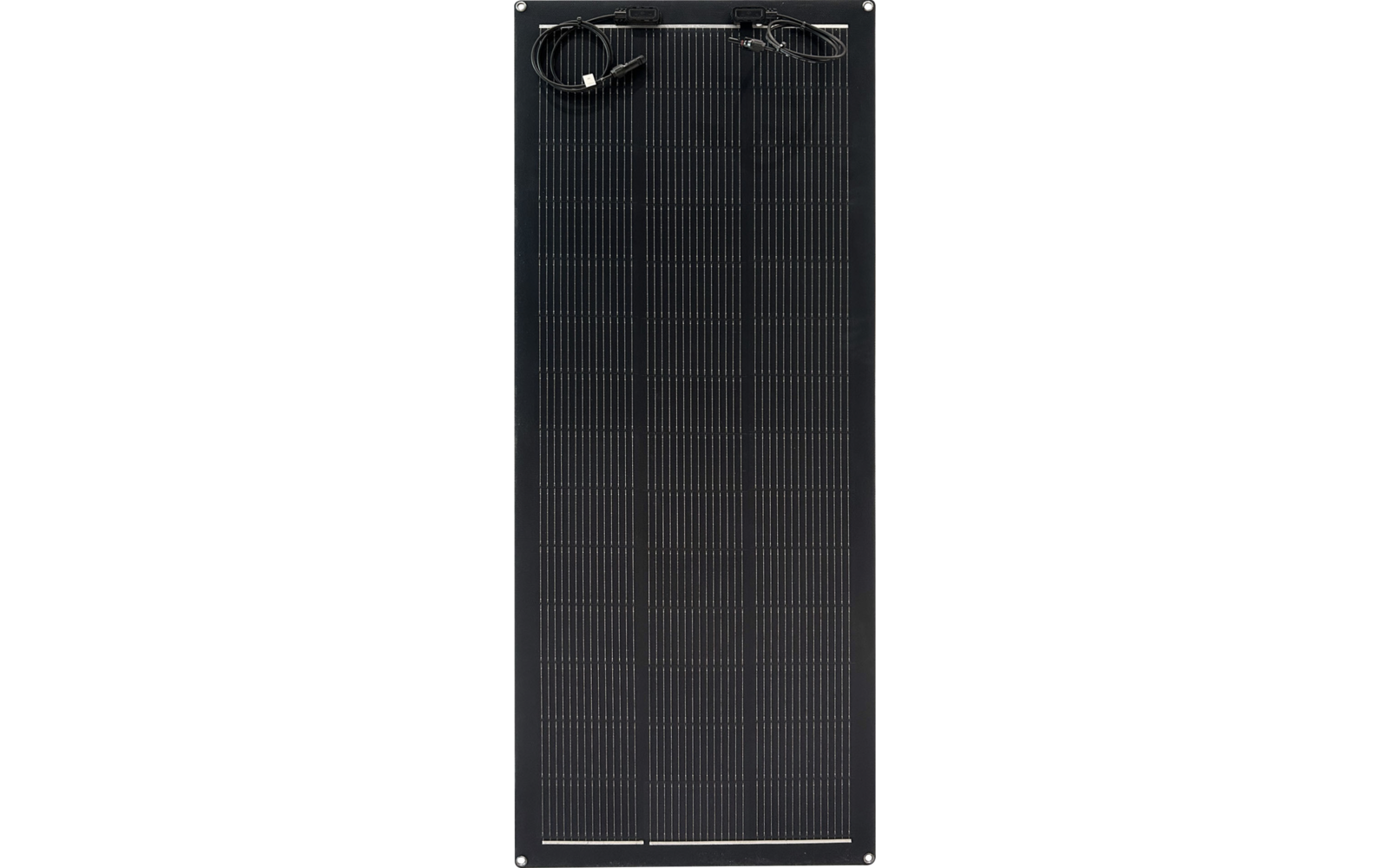 Black vertical rectangular panel with fine vertical lines, two cables with connectors at the top, and visible screws in the corners