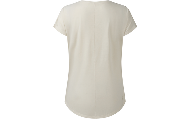 Hellbeiges T-Shirt, Rückenansicht, kurze Ärmel, Rundhalsausschnitt, durchgehende Mittelnaht, leicht geschwungener Saum