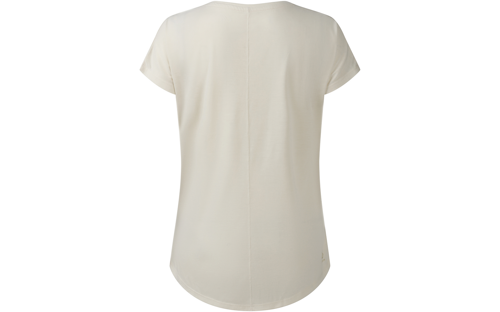 Hellbeiges T-Shirt, Rückenansicht, kurze Ärmel, Rundhalsausschnitt, durchgehende Mittelnaht, leicht geschwungener Saum