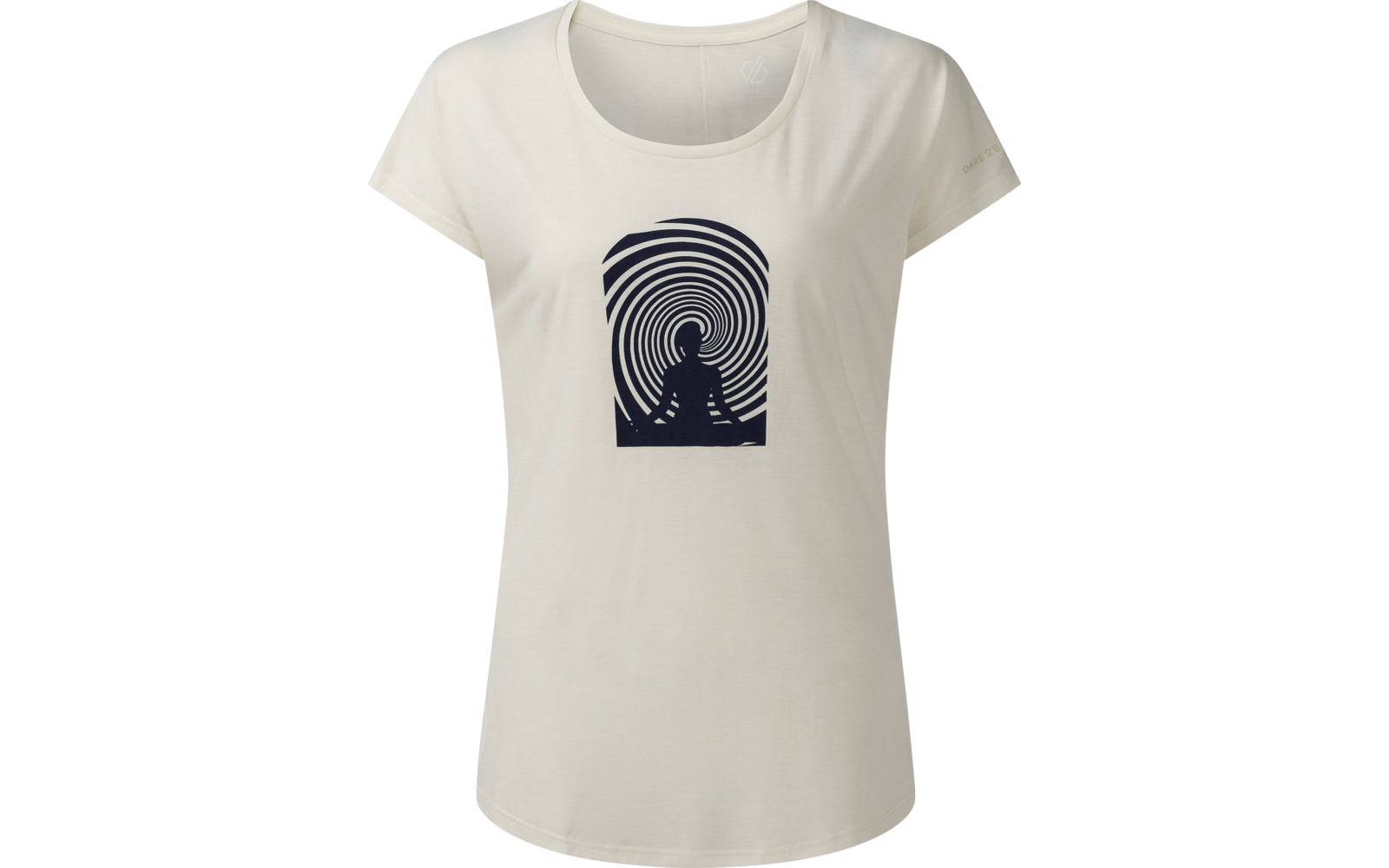Beiges Damen-T-Shirt mit Rundhals und kurzen Ärmeln; mittig ein dunkelblauer rechteckiger Druck mit konzentrischen Spirallinien und einer sitzenden Silhouette; kleines Logo am linken Ärmel