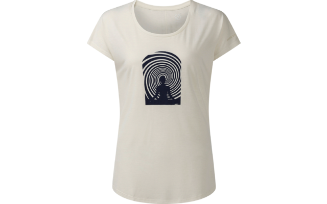 Beiges Damen-T-Shirt mit Rundhals und kurzen Ärmeln; mittig ein dunkelblauer rechteckiger Druck mit konzentrischen Spirallinien und einer sitzenden Silhouette; kleines Logo am linken Ärmel