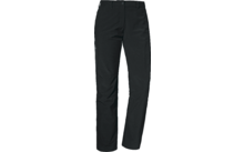 Pantalon noir, vue de face, taille avec bouton, passants de ceinture et poches latérales sur fond blanc