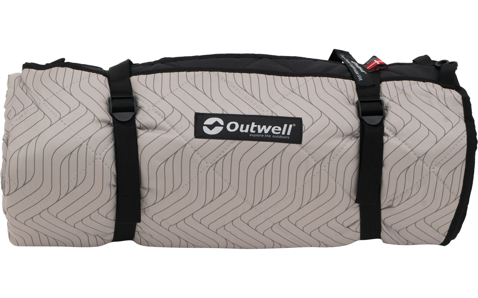 Beige, zusammengerolltes Textil mit Outwell-Logo, zwei schwarzen Gurten mit Schnallen und wellenförmigem Linienmuster