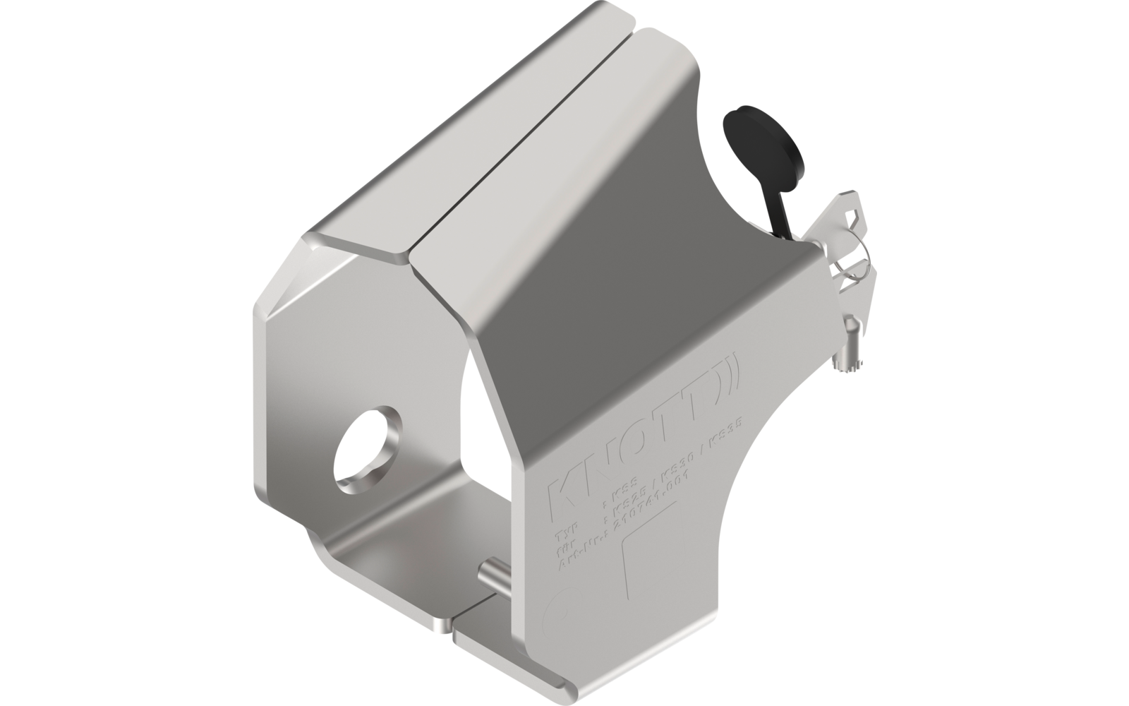 Metalen onderdeel met rechthoekige basisvorm en bevestigingsgaten, zijkant handgreep van kunststof