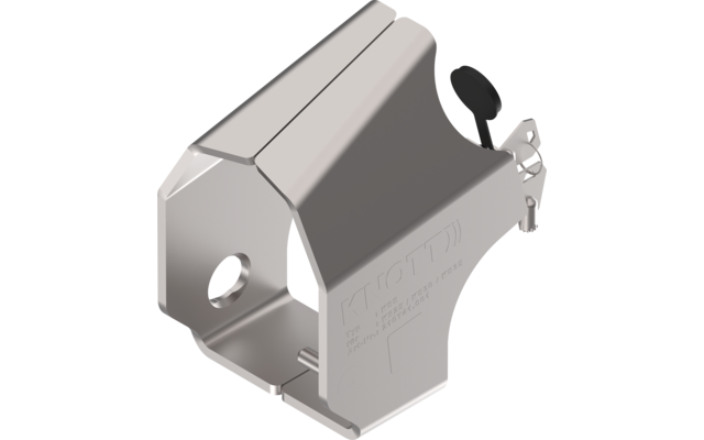 Metallisches Bauteil mit rechteckiger Grundform und Befestigungslöchern, seitlicher Griff aus Kunststoff