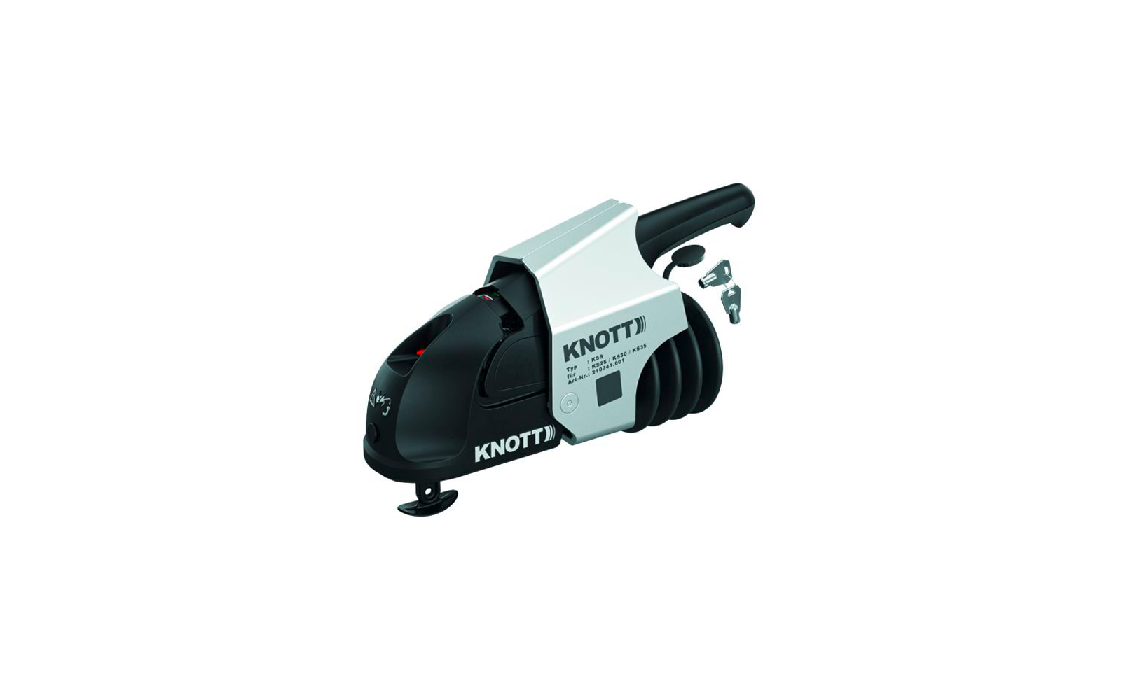 Silver-and-black trailer coupling with 'KNOTT' logo, black handle, black rubber bellows and two metal keys beside it