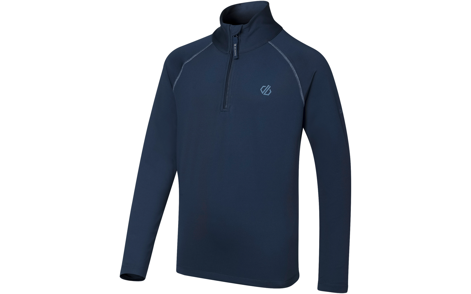 Donkerblauwe longsleeve met korte ritssluiting, opstaande kraag en klein logo op de linkerborst