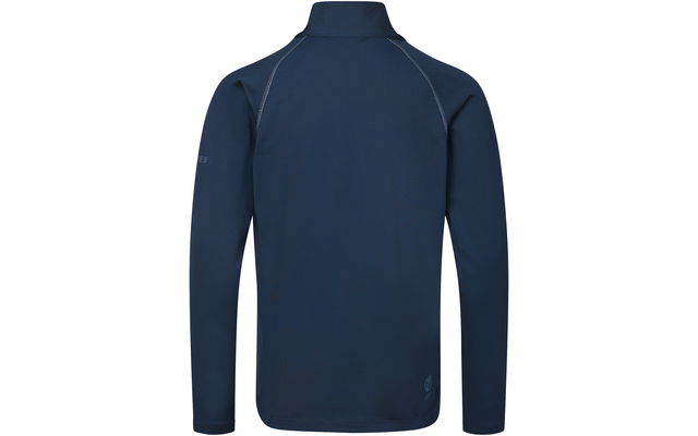 Donkerblauw bovenstuk met lange mouwen, achteraanzicht, opstaande kraag, raglanmouwen, zichtbare contrastnaden, klein logo bij onderzoom
