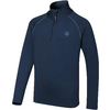 Donkerblauwe longsleeve met korte ritssluiting, opstaande kraag en klein logo op de linkerborst