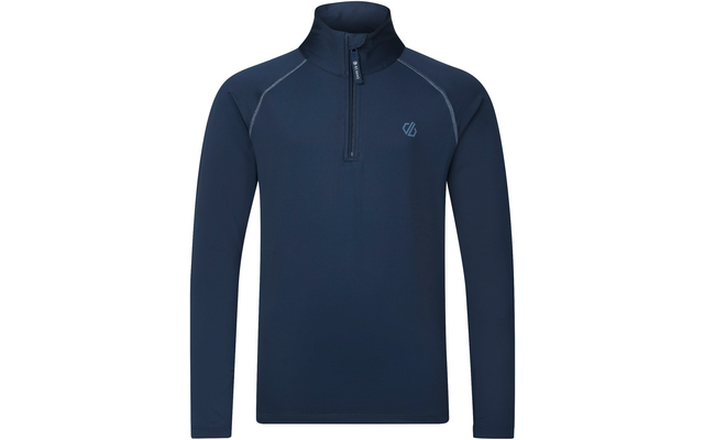 Navyblauw langarmshirt met opstaande kraag en halve rits, klein logo links op de borst, zichtbare schoudernaden, vooraanzicht op witte achtergrond