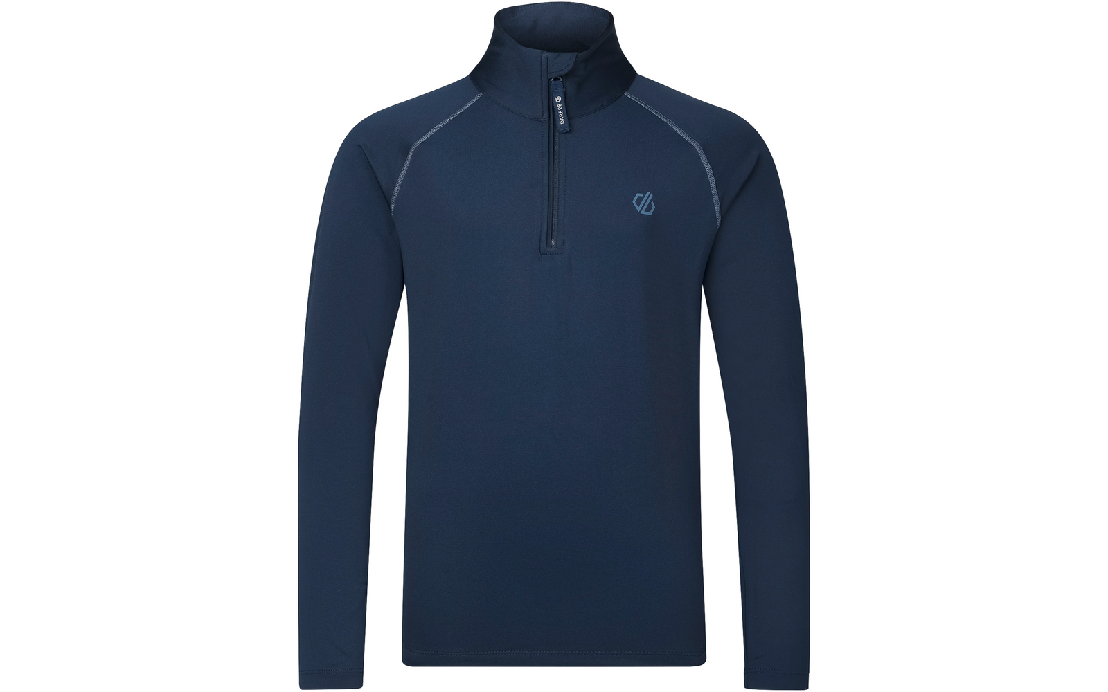 Navyblauw langarmshirt met opstaande kraag en halve rits, klein logo links op de borst, zichtbare schoudernaden, vooraanzicht op witte achtergrond