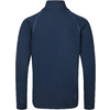 Donkerblauw bovenstuk met lange mouwen, achteraanzicht, opstaande kraag, raglanmouwen, zichtbare contrastnaden, klein logo bij onderzoom