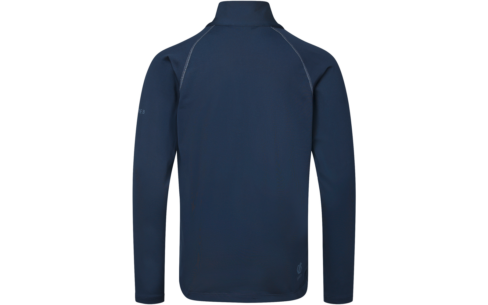 Donkerblauw bovenstuk met lange mouwen, achteraanzicht, opstaande kraag, raglanmouwen, zichtbare contrastnaden, klein logo bij onderzoom