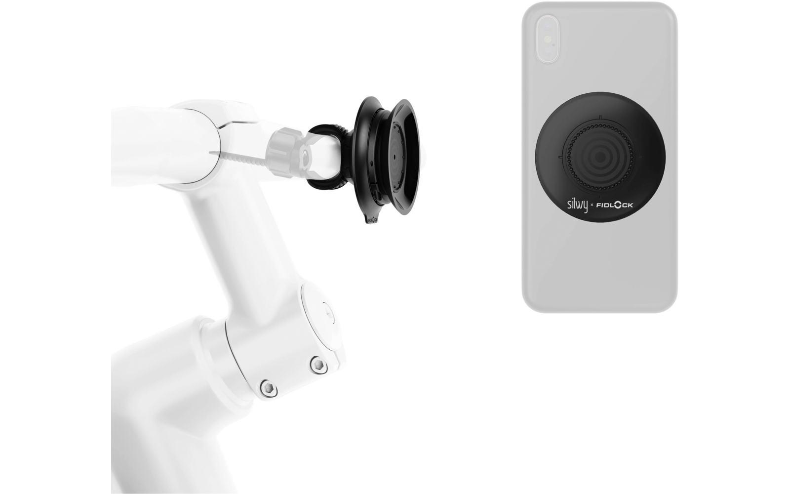 Weißer Roboterarm mit schwarzem Sauggreifer links; graues Smartphone mit rundem schwarzem Aufsatz auf der Rückseite rechts