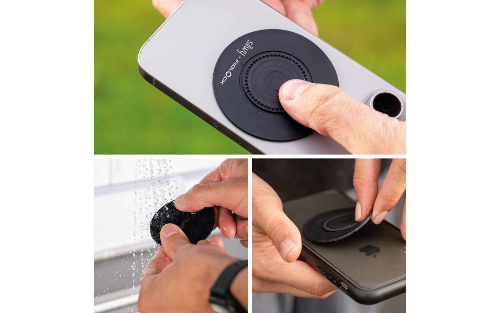 Dreiteiliges Bild: oben drückt eine Hand einen schwarzen, runden Haftpad auf die Rückseite eines Smartphones; unten links hält eine Hand den Pad unter fließendem Wasser; unten rechts befestigen zwei Hände den Pad an der Smartphone-Rückseite