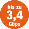 Oranger Kreis mit weißer Schrift 'bis zu 3,4 Gbps'