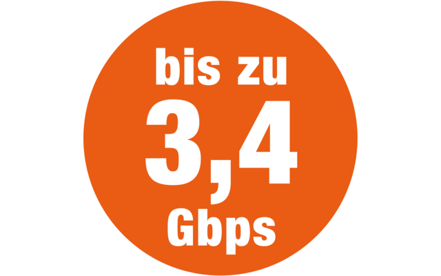 Oranger Kreis mit weißer Schrift 'bis zu 3,4 Gbps'