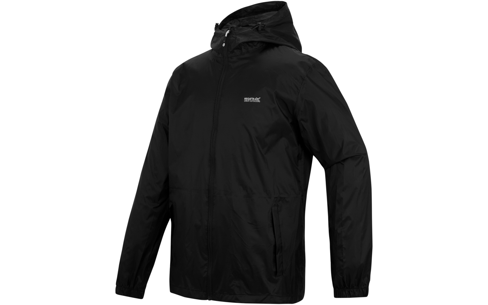 Schwarze Kapuzenjacke mit Reißverschluss, zwei Seitentaschen und kleinem weißen Logo auf der linken Brust