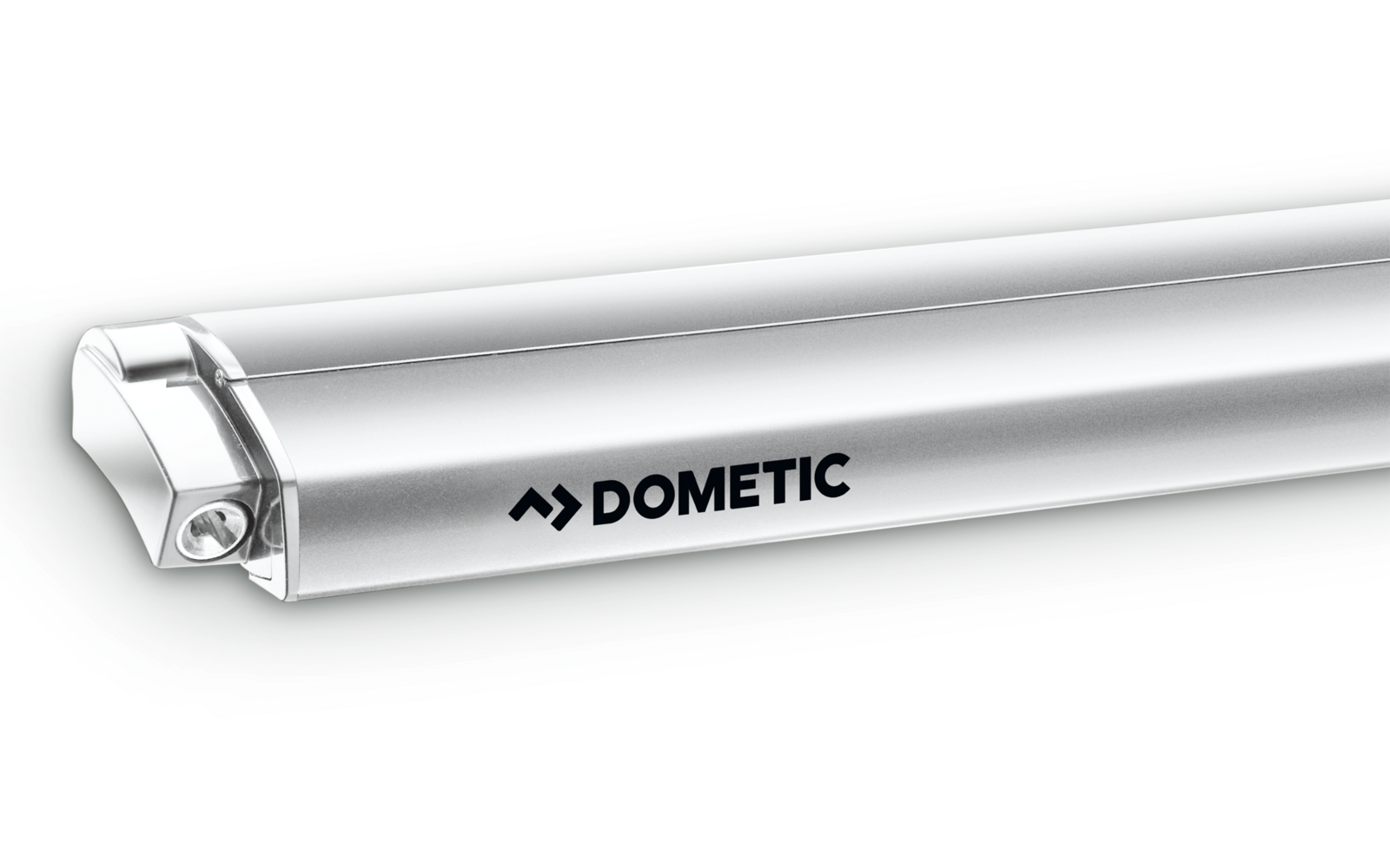 Weiße LED-Leuchte mit dem Schriftzug Dometic auf weißem Hintergrund