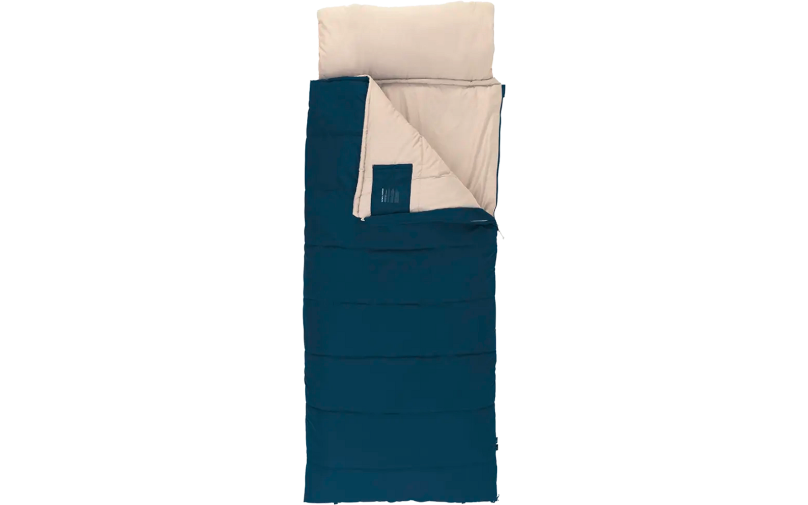 Slaapzak in blauw met lichtbeige binnenkant en opstaand kussen