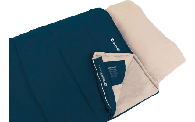 Blauwe en beige slaapzak met open ritssluiting en zichtbare label