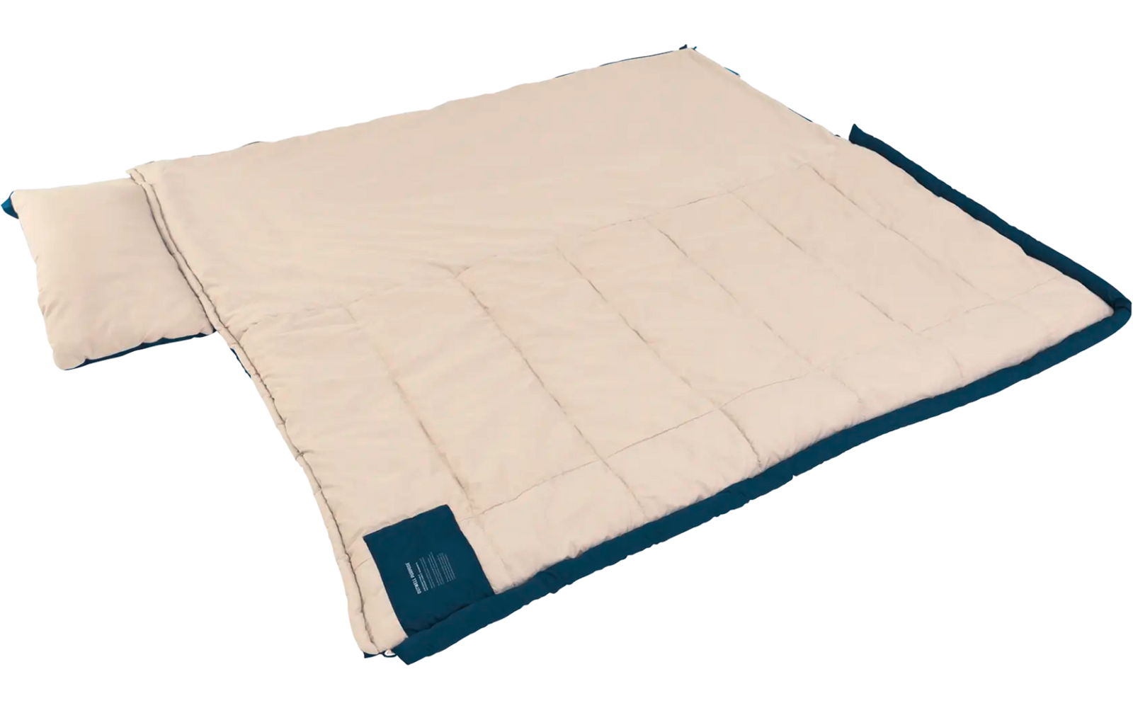 Lichtbeige slaapzak met donkeblauwe rand en klein etiket linksonder